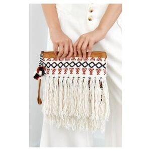 Fringed Aztec Pom Pom Tote Clutch Purse Boho Western Tribal Brown White